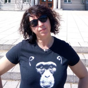 Estelle in chimp t-shirt